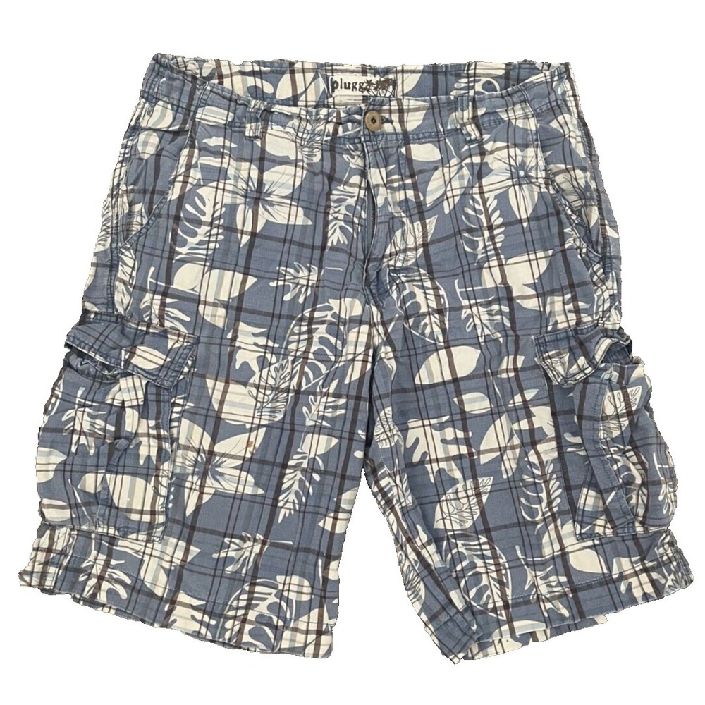 VTG. Plugg Cargo Shorts Men's 34 Blue Floral Plaid Hawaiian Tropical Beach‎ Y2K